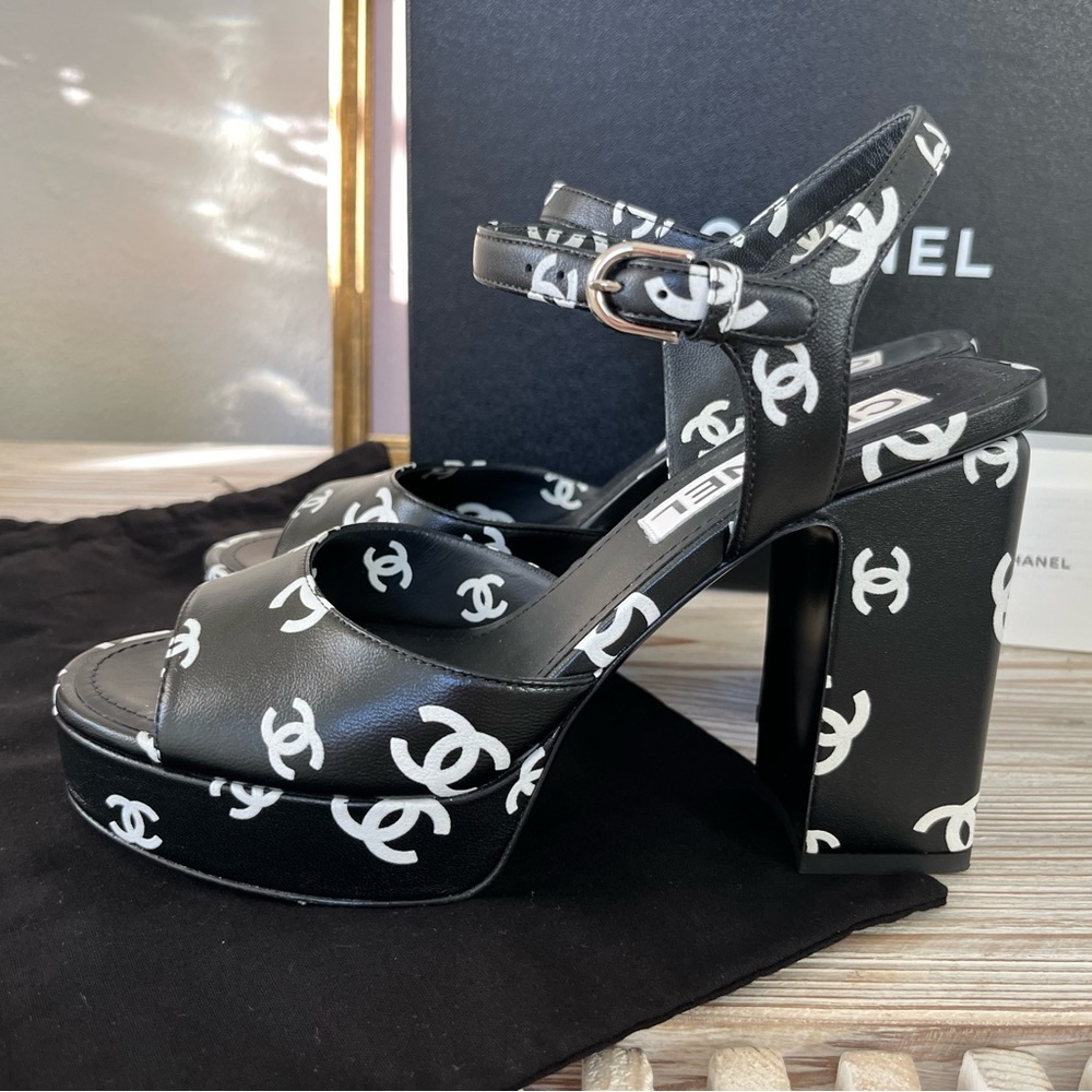 Chanel CC Logo Lambskin Platform Sandals